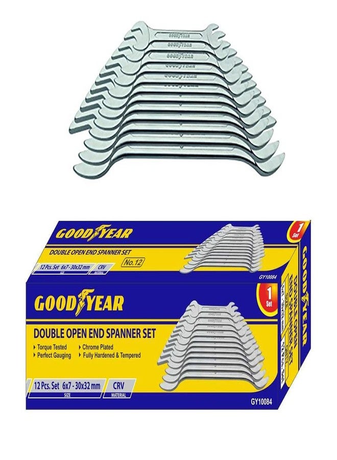 غوديير طقم مفاتيح ربط معدنية مزدوجة مفتوحة الطرف من جوديير (فضي، 12 قطعة) - Image 1